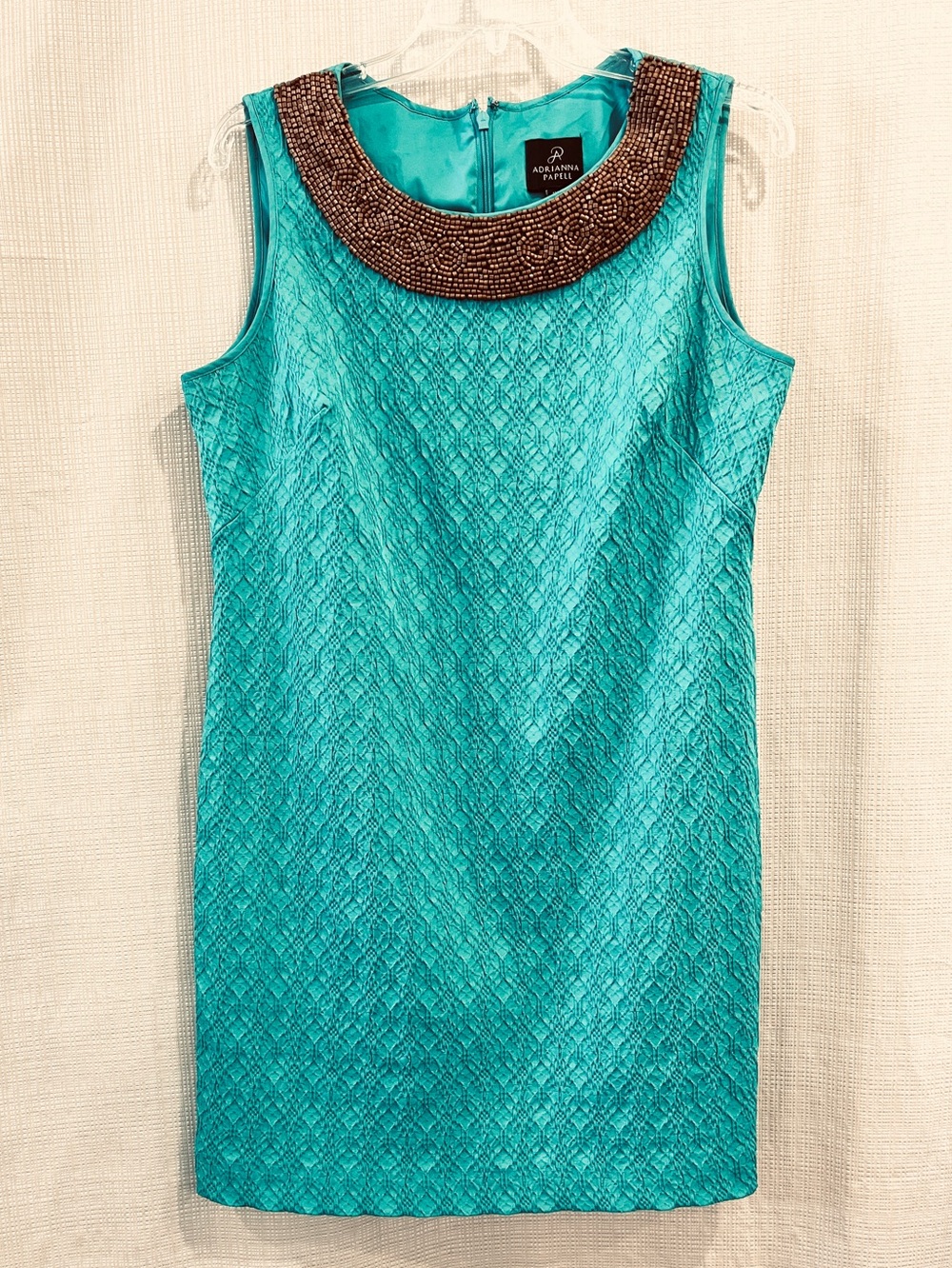 Adrianna Papell Sheath Dress Beaded-Collar Teal Dress Wedding Classic Sleek